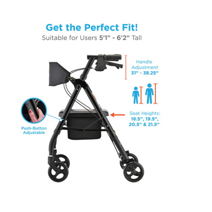 Image of a black Nova Medical Star 6 OS Rollator Walker with wheels and storage pouch. Get the Perfect Fit! thanks to its Quick-Fit design for users 51 to 62. Handle adjusts from 31-38.25; seat heights are 18.5, 19.5, 20.5, and 21.