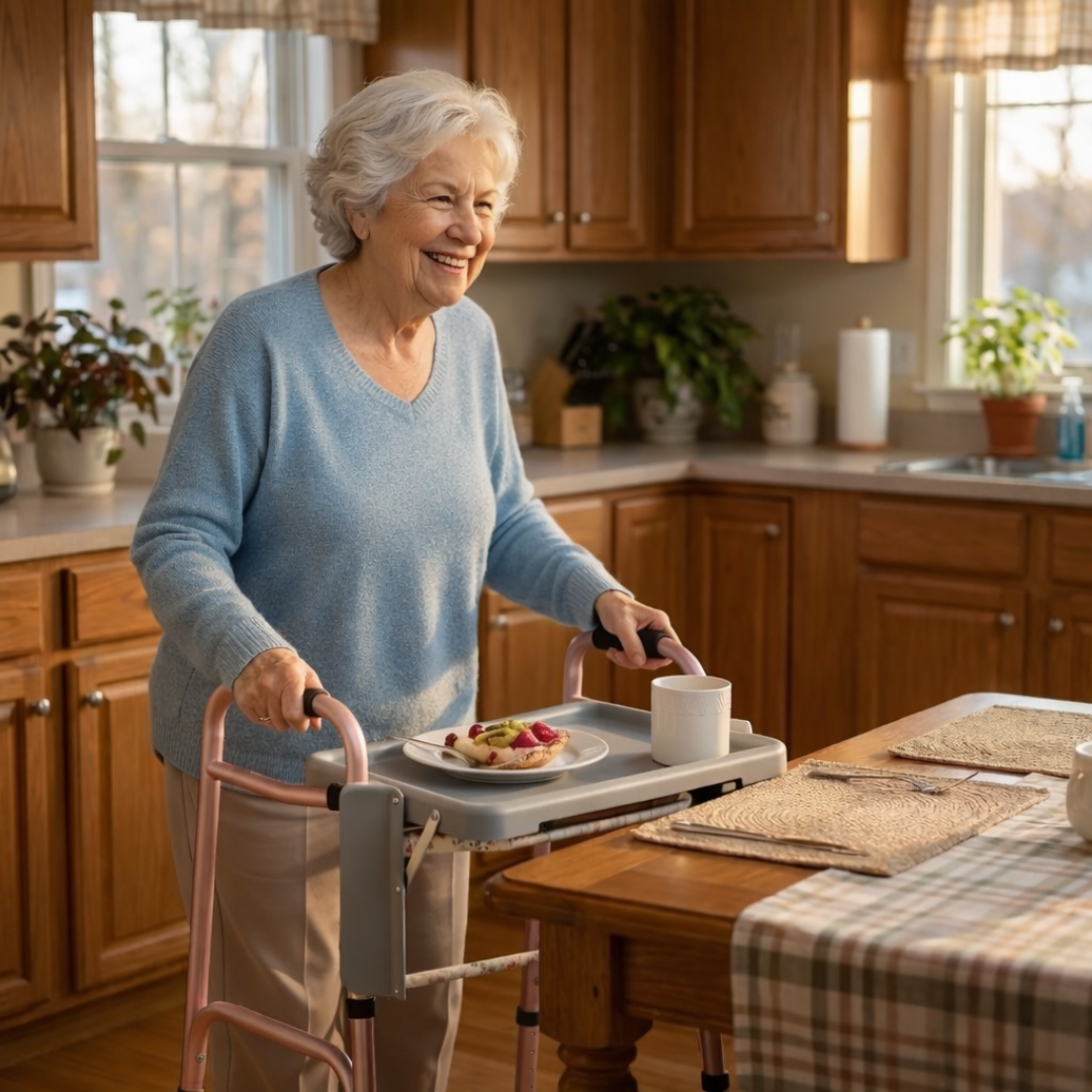 An elderly woman smiles in a sunlit kitchen while using the Nova Folding Walker Tray with Two Cup Holders. She wears a light blue sweater and stands by a breakfast table, with houseplants and kitchenware in the background.
