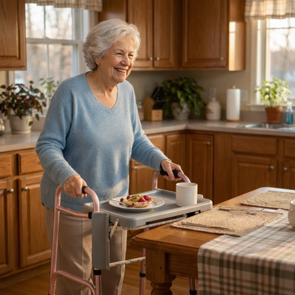 An elderly woman smiles in a sunlit kitchen while using the Nova Folding Walker Tray with Two Cup Holders. She wears a light blue sweater and stands by a breakfast table, with houseplants and kitchenware in the background.