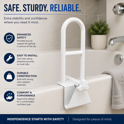 The Nova Medical Bathtub Safety Grab Bar Handle is securely attached to the edge of a bathtub, offering reliable bathroom support with its durable construction and ergonomic design. The text highlights enhanced safety and easy installation. A plant and towel can be seen in the background.