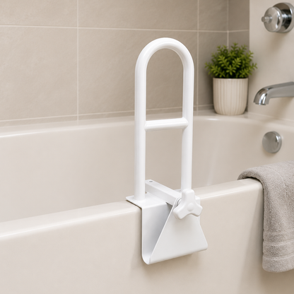 The Nova Medical Bathtub Safety Grab Bar Handle, shown in white, clamps securely to the tub edge to provide essential bathroom support. A towel is draped nearby, with a small plant in the background and a chrome faucet visible on the right.