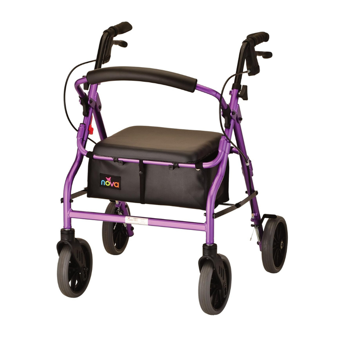 The Nova Medical Zoom Rollator offers a purple four-wheel walker with hand brakes, black padded seat and backrest, adjustable seat height, and a storage pouch under the seat. Four size options available.