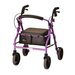 The Nova Medical Zoom Rollator offers a purple four-wheel walker with hand brakes, black padded seat and backrest, adjustable seat height, and a storage pouch under the seat. Four size options available.