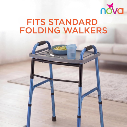 A blue folding walker with a Nova Walker Food Tray with 2 Cup Holders attached, holding a plate and cup. Text reads: Fits standard folding walkers. The NOVA butterfly logo is in the top right over a living room background.