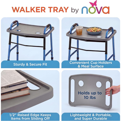The Nova Walker Food Tray with 2 Cup Holders attaches to a walker, has raised edges for security, supports up to 10 lbs, and is lightweight. Ideal for meals, drinks, or books—see multiple uses pictured.