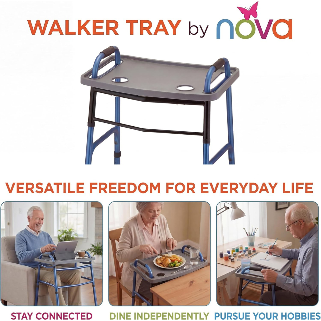 The Nova Walker Food Tray with 2 Cup Holders is shown on a walker. See users enjoying activities like working on a laptop, eating, and painting—highlighting the convenience and versatility of this durable food tray for daily use.