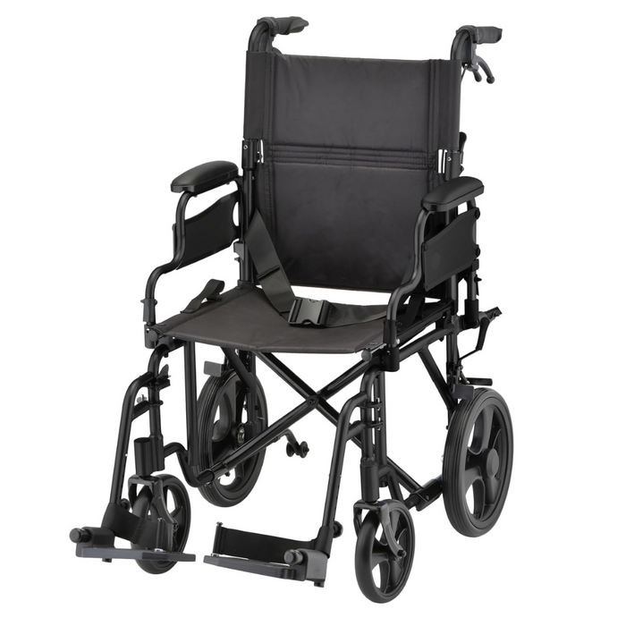 The Nova Medical Lightweight Transport Chair - 12” Rear Wheels boasts a foldable design in sleek black. It includes armrests, a safety belt, footrests, and locking handbrakes. Its large rear wheels and small front ones ensure effortless all-terrain mobility for secure transport.