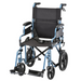 Explore the Nova Medical Lightweight Transport Chair with foldable design, black seat and backrest, 12 large rear wheels, small front wheels, armrests, detachable footrests, locking handbrakes, metallic blue frame with push handles and a safety belt for security.