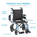 Image of Nova Medical Lightweight Transport Chair displaying labeled features: one-grip locking handbrakes, flip-up desk arms, seat belt, anti-tippers, 8 front wheels, 12 locking rear wheels, footrests, and heel loops. Text above reads Optimize Your All-Terrain Mobility.