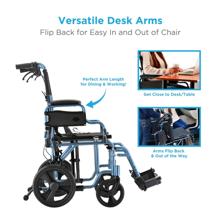 Image of the Nova Medical Lightweight Transport Chair showing versatile desk arms flipping back, highlighting perfect arm length for dining and work. Insets show easy access to desks and tables; locking handbrakes ensure stability during use.