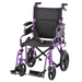 The Nova Medical Lightweight Transport Chair with 12” rear wheels has a purple frame, black seat and backrest, armrests, footrests, and four black wheels. It includes hand grips on the rear handles and locking handbrakes for enhanced safety.