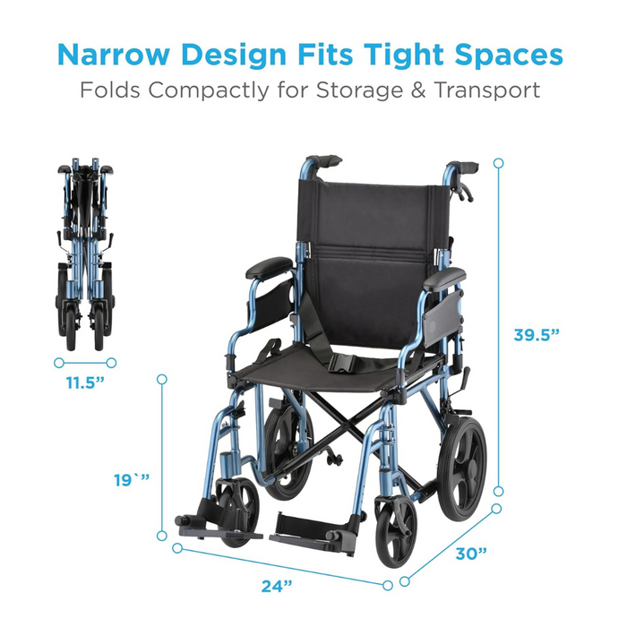 Image of the Nova Medical Lightweight Transport Chair featuring a blue frame, black seat, armrests, footrests, and 12” rear wheels with locking handbrakes. The foldable design includes dimensions: 39.5 height, 24 width, 19 seat height, and folds to an 11.5 width for easy storage and transport.