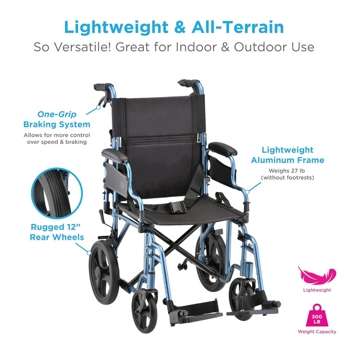 Image of the Nova Medical Lightweight Transport Chair with blue and black design featuring a lightweight aluminum frame, rugged 12-inch rear wheels, and a 300 lb weight capacity. One-grip braking system and locking handbrakes provide enhanced control for indoor and outdoor use.