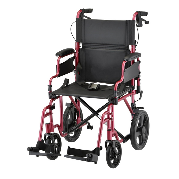 The Nova Medical Lightweight Transport Chair features a red frame, black seat, 12 rear wheels, smaller front wheels, push handles, locking handbrakes for safety, adjustable footrests, and an attached safety belt.