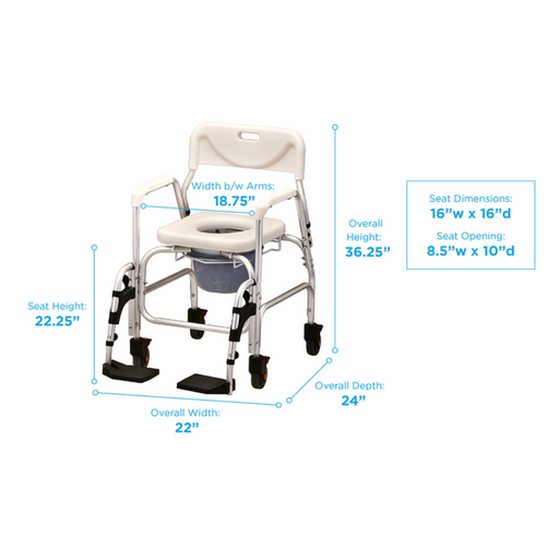 Introducing the Nova Medical Rolling Shower Chair and Commode with Padded Seat, featuring a padded seat, wheels for dual-functionality, backrest, footrests, an overall height of 36.25, seat height of 22.25, width of 22, depth of 24, and arm width of 18.75.