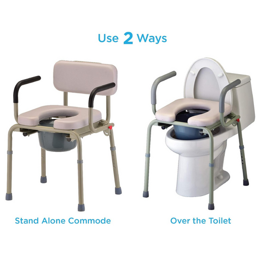 The image features the Nova Medical Drop Arm Commode with a padded seat and back, usable as a standalone unit with its own basin or over the toilet for support, featuring padded armrests. It offers tool-free assembly for convenience.