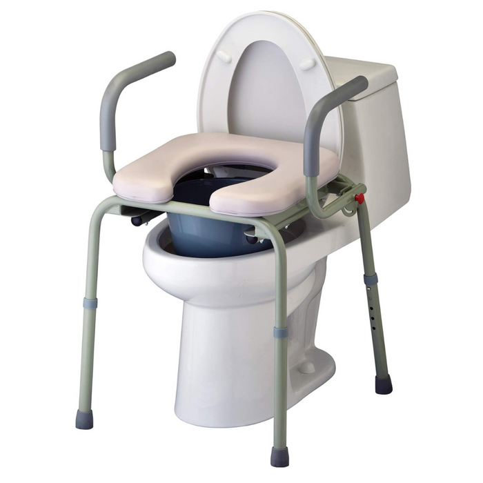 The Nova Medical Drop Arm Commode with Padded Seat and Back, featuring tool-free assembly, fits over a standard white toilet and includes gray arms, an open front with a gray bucket for easy access, padded seat for comfort, providing support like a typical commode.