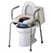 The Nova Medical Drop Arm Commode with Padded Seat and Back, featuring tool-free assembly, fits over a standard white toilet and includes gray arms, an open front with a gray bucket for easy access, padded seat for comfort, providing support like a typical commode.