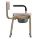 The Nova Medical Drop Arm Commode features a beige padded seat and back, black armrest, gray removable bucket, and adjustable legs with blue rubber tips. Its designed for comfort and easy tool-free assembly.