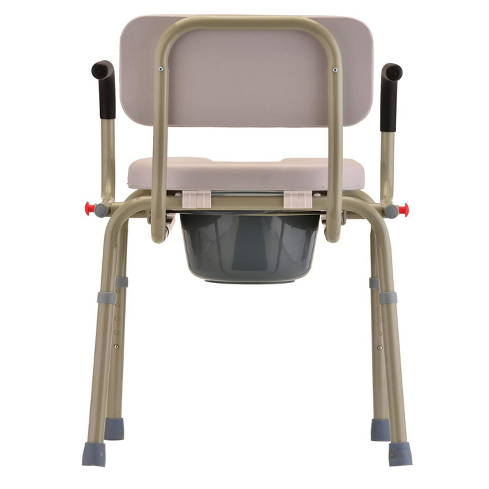 Rear view of the Nova Medical Drop Arm Commode with a beige folding design, black handles, padded backrest, and removable gray bucket. It includes adjustable legs with gray rubber tips and red adjustment buttons for easy tool-free assembly.