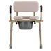 Front view of the Nova Medical Drop Arm Commode in beige, featuring black handles and a removable basin. It includes a padded backrest and seat for comfort, plus sturdy metal legs with rubber grips for stability.