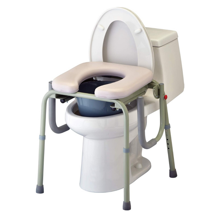 The Nova Medical Drop Arm Commode with Padded Seat and Back is positioned over a standard white toilet, offering a cushioned seat for comfort. It boasts sturdy metal legs, tool-free assembly, and removable support elements to enhance stability and accessibility.