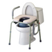 The Nova Medical Drop Arm Commode features a white toilet with a beige and gray padded seat and back, with armrests for extra support. Its design fits over the toilet bowl, includes a removable basin, and allows for easy tool-free assembly.