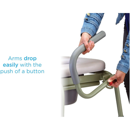 A person in a denim jacket demonstrates lowering the armrest of the Nova Medical Drop Arm Commode with Padded Seat and Back by pressing a button. Beside the image, the text Arms drop easily with the push of a button emphasizes its convenient tool-free assembly.