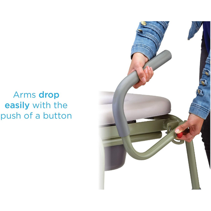 A person in a denim jacket demonstrates lowering the armrest of the Nova Medical Drop Arm Commode with Padded Seat and Back by pressing a button. Beside the image, the text Arms drop easily with the push of a button emphasizes its convenient tool-free assembly.