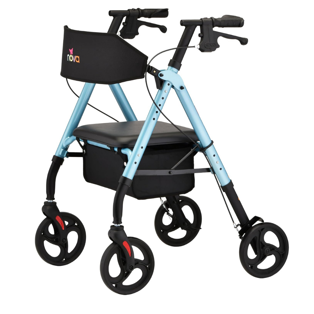 The Nova Medical Star 8 Lightweight Rollator with XL Backrest offers a blue frame, black seat, storage pouch, hand brakes, handlebars, a Quick-Fit adjustable system, and 8” all-terrain wheels for greater comfort and mobility.