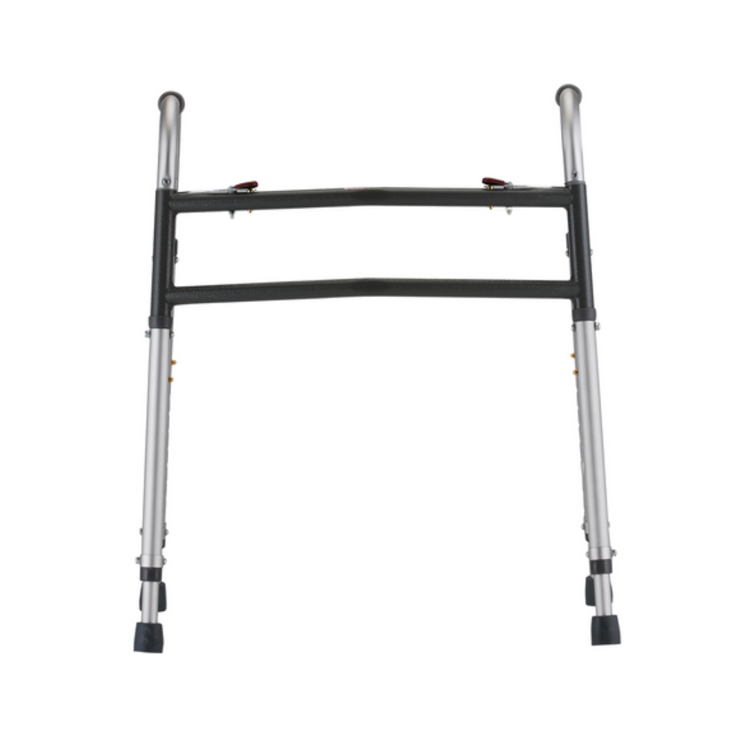 The Nova Medical HD Bariatric Walker is a silver, heavy-duty folding walker with dual-button release, black handles, and rubber-tipped legs for enhanced mobility, shown against a plain white background.