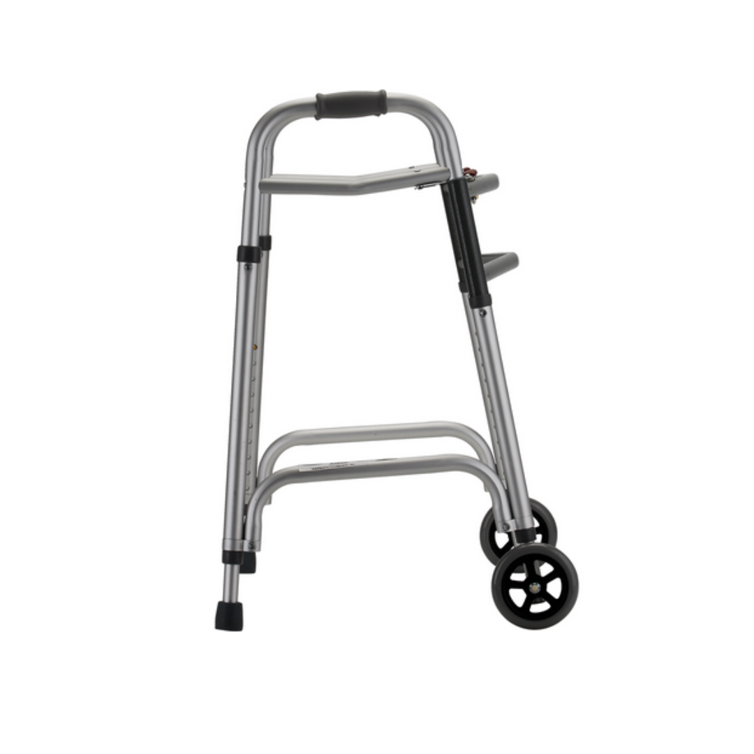 The Nova Medical HD Bariatric Walker is a silver, heavy-duty folding walker with two black front wheels, rear rubber tips, padded hand grips, adjustable frame, and high weight capacity for mobility support and stability.