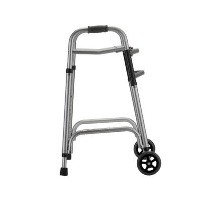 The Nova Medical HD Bariatric Walker is a silver, heavy-duty folding walker with two black front wheels, rear rubber tips, padded hand grips, adjustable frame, and high weight capacity for mobility support and stability.
