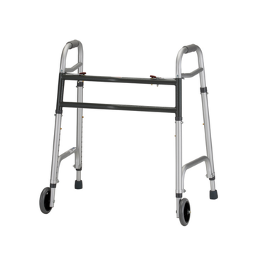 The Nova Medical HD Bariatric Walker is a lightweight, silver mobility aid with two front wheels and rear legs with rubber tips, designed for stability and high weight capacity.