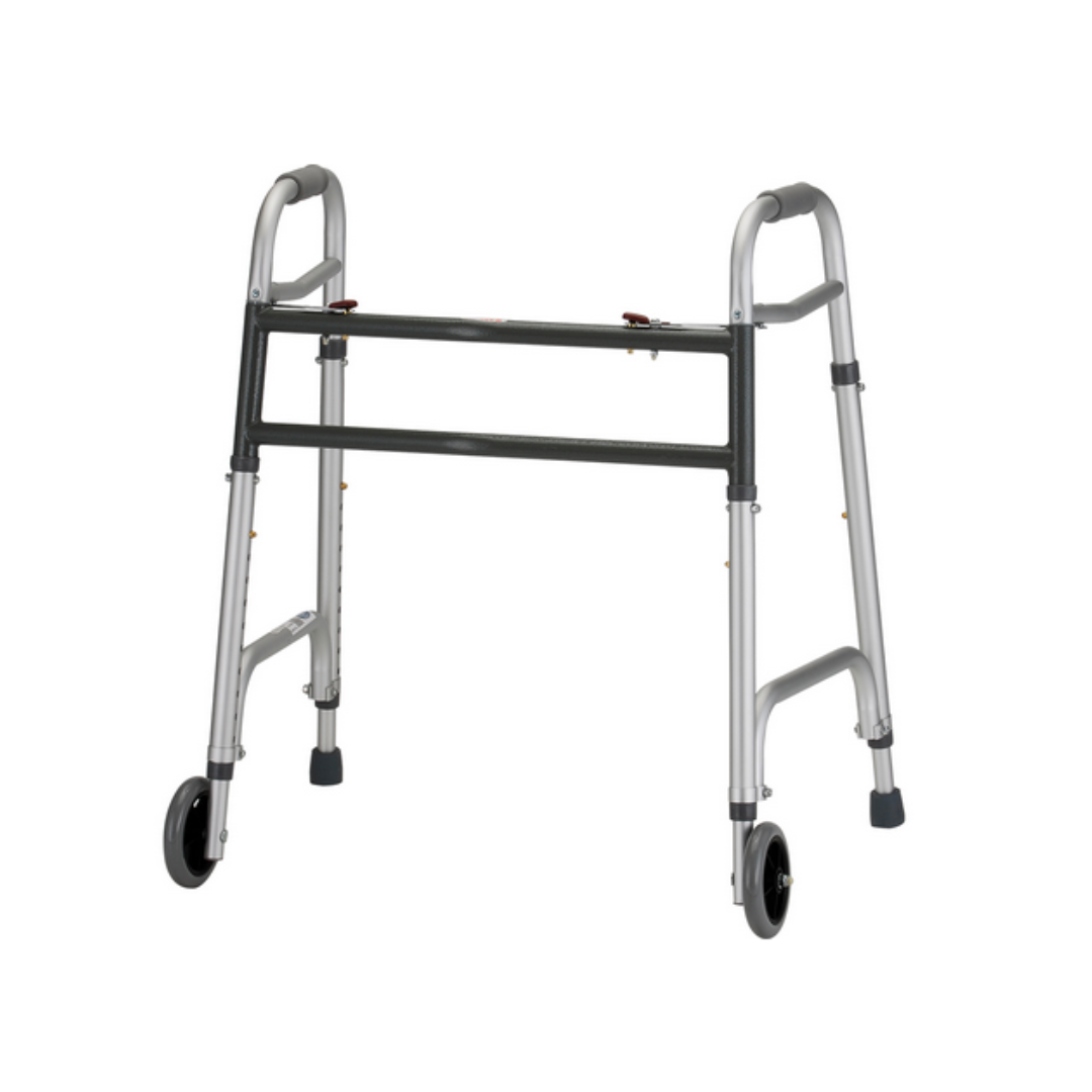 The Nova Medical HD Bariatric Walker is a lightweight, silver mobility aid with two front wheels and rear legs with rubber tips, designed for stability and high weight capacity.