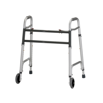 The Nova Medical HD Bariatric Walker is a lightweight, silver mobility aid with two front wheels and rear legs with rubber tips, designed for stability and high weight capacity.