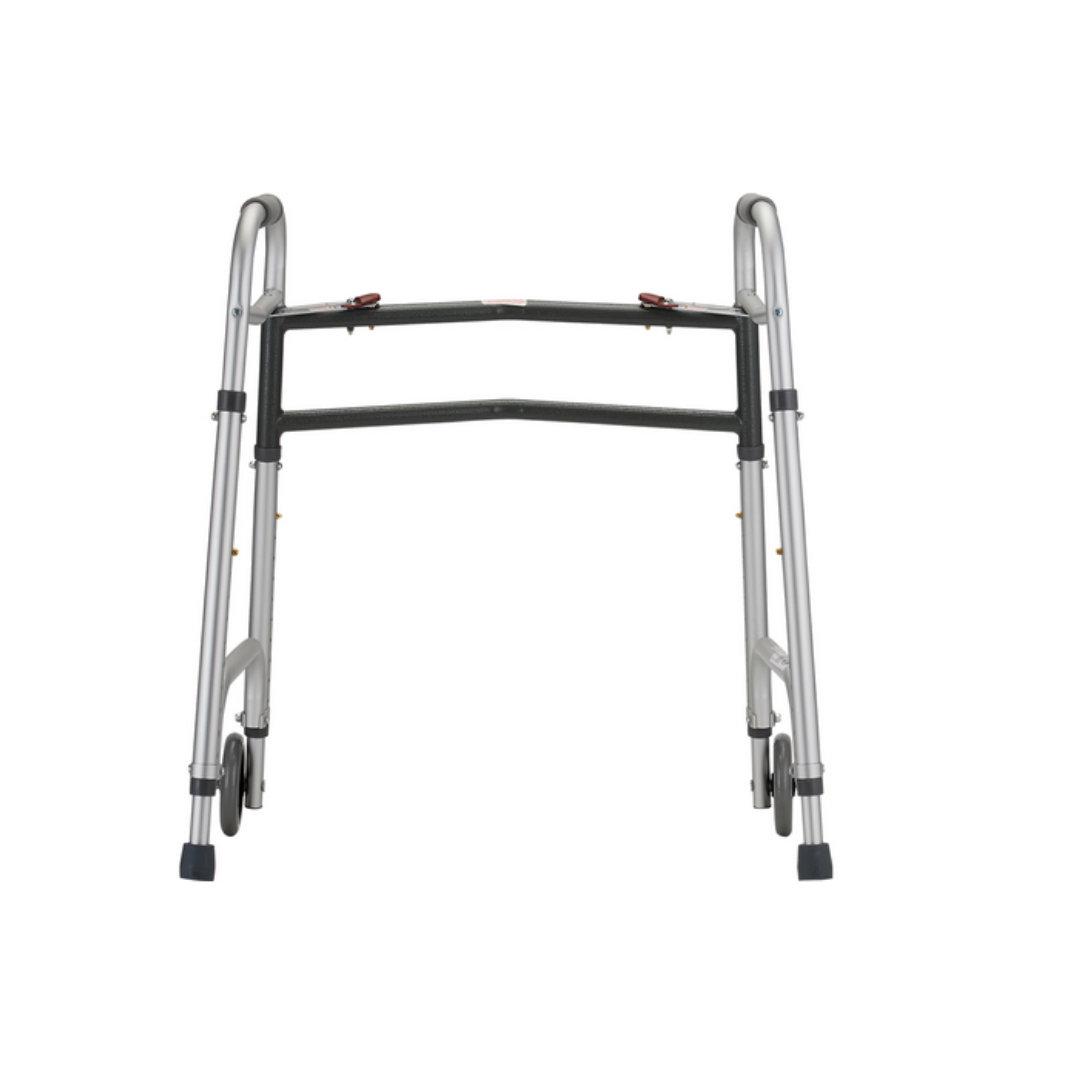 The Nova Medical HD Bariatric Walker is a lightweight silver aluminum walker with high weight capacity, two front wheels, and rubber-tipped rear legs, designed to support mobility and walking assistance.