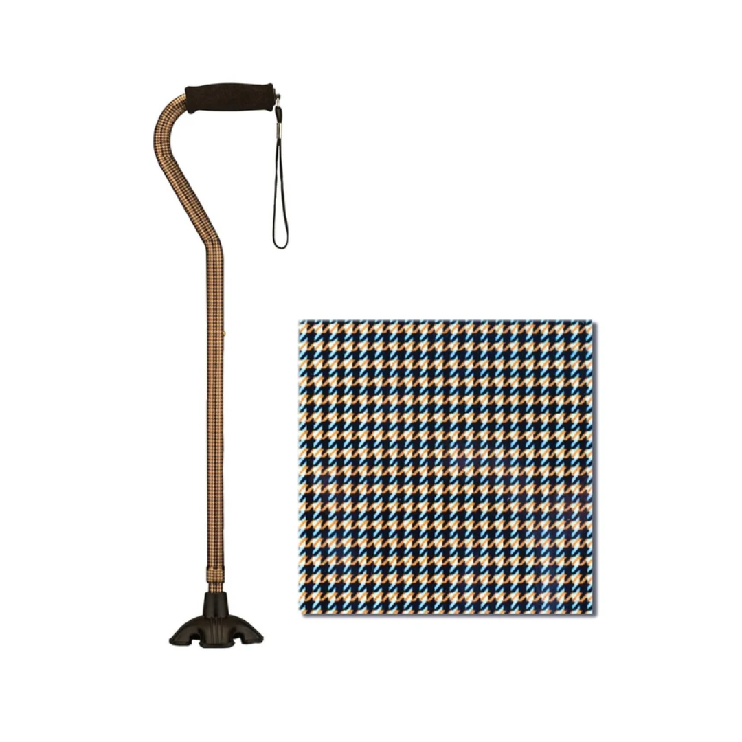 The Nova Medical Stand Alone SugarCane with Quad Tip, featuring a black, white, and tan houndstooth pattern, stands next to a square displaying a close-up of the same stylish design.