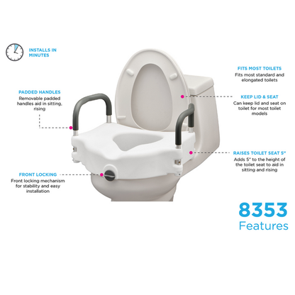 The Nova Medical 5" Raised Toilet Seat with Easy Locking fits most elongated toilets, installs in minutes, keeps your lid/seat, and raises seat height by 5 inches for comfort and support. Features padded handles and a secure front lock. Universal fit design.