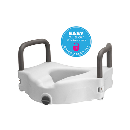 The Nova Medical 5" Raised Toilet Seat with Easy Locking features gray side handles, fits most elongated toilets, and has a secure front lock for easy on & off. Universal fit and quick assembly for added convenience.