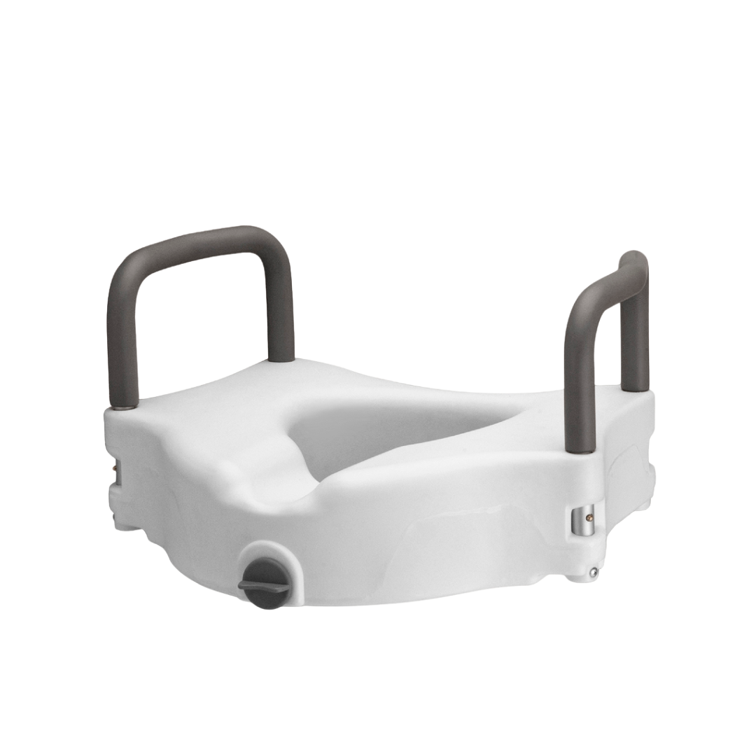 The Nova Medical 5" Raised Toilet Seat with Easy Locking offers universal fit for elongated toilets, front lock security, and two dark gray handles for enhanced height and stability—ideal for individuals with mobility challenges.
