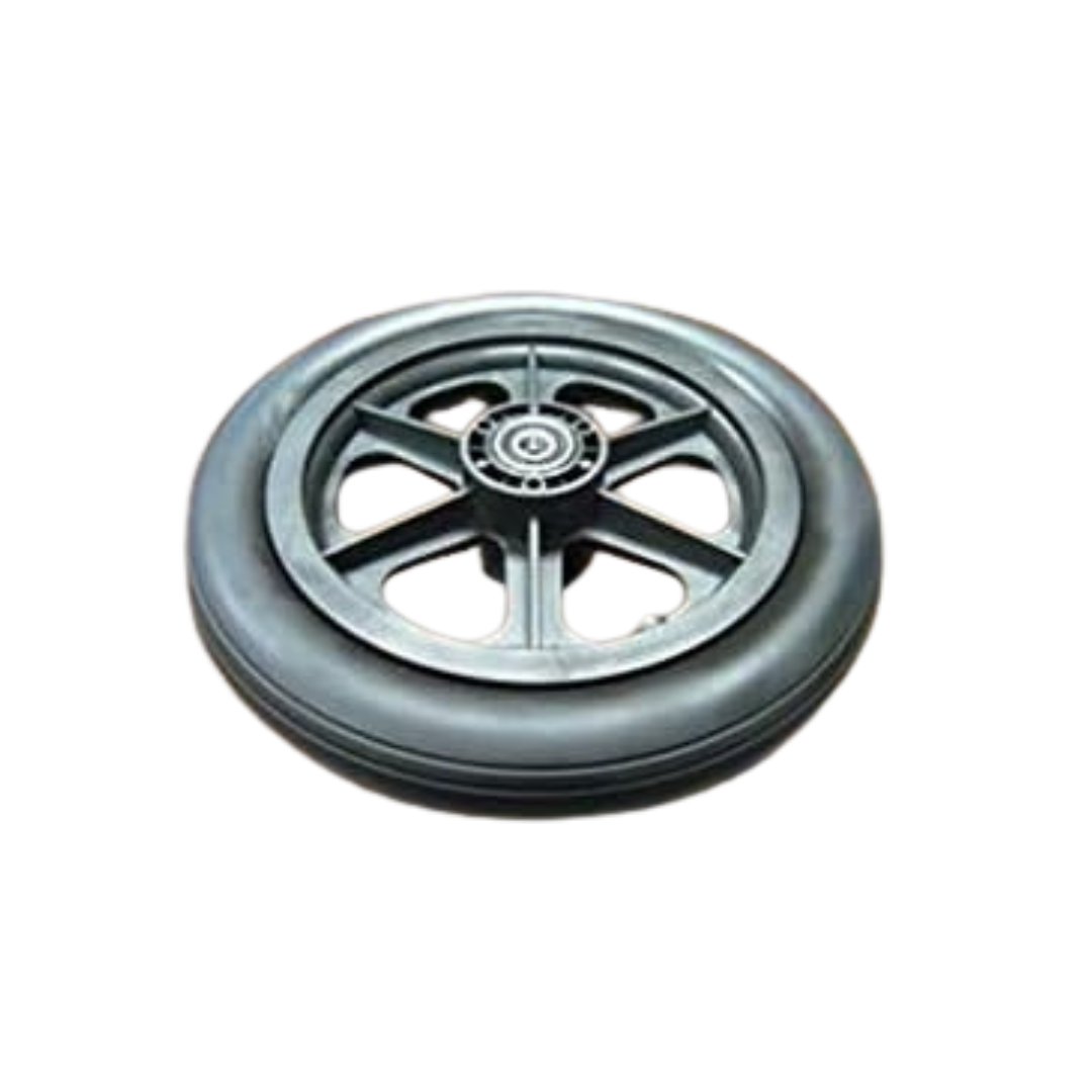 A single black rubber wheel with a solid metal hub and five spokes, viewed from above on a white background, ideal as Nova Wheel Replacements For Transport Chairs.