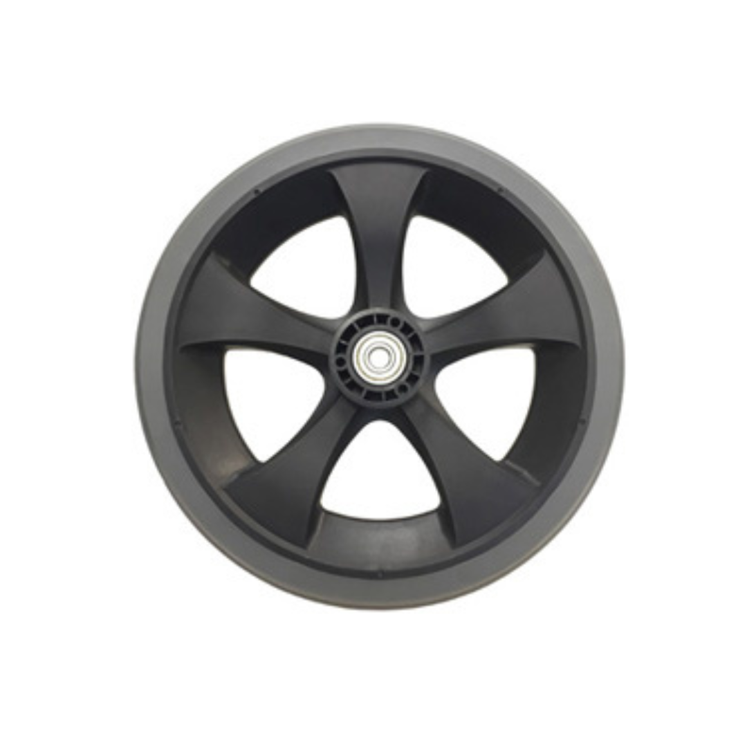 A black and gray plastic wheel with six spokes and a central bearing, shown front view against white—perfect as a Nova Wheel Replacement for Transport Chairs.