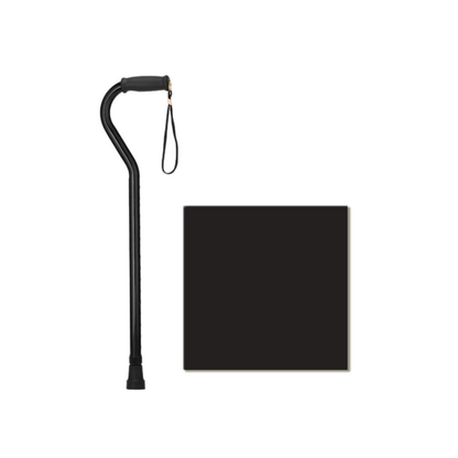 The Nova 1077 Extra Tall HD Bariatric Walking Cane, featuring a curved handle and wrist strap in black, stands to the left of a solid black square on a white background.