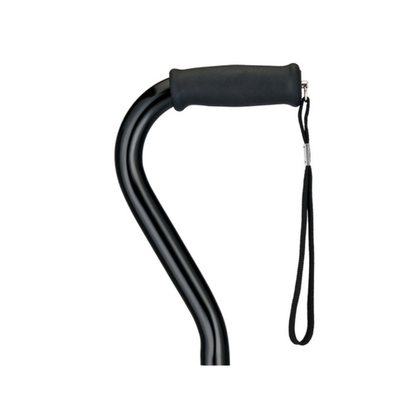 Close-up of the black curved handle of the Nova 1077 Extra Tall HD Bariatric Walking Cane featuring a soft grip and wrist strap, designed as a reliable mobility aid for tall users, shown against a white background.