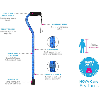 The Nova 1077 Extra Tall HD Bariatric Walking Cane features a blue finish, soft foam handle, adjustable height for users 5’0”–6’11”, anti-rattle lock, rubber tip, offset design, carrying strap, and supports up to 500 lbs—ideal for tall users.