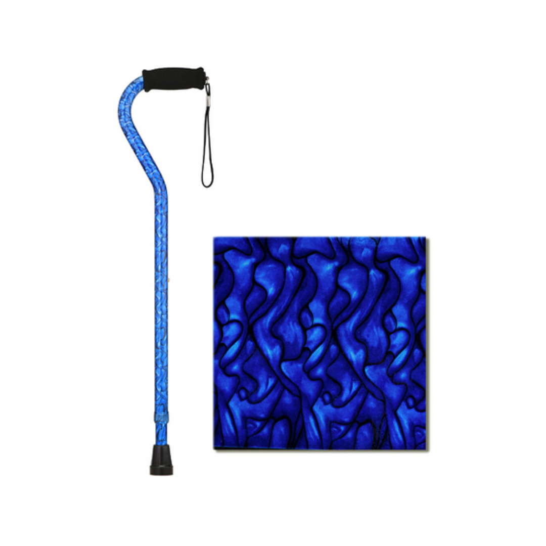The Nova 1077 Extra Tall HD Bariatric Walking Cane features a swirling blue abstract pattern, black handle with wrist strap, and is designed for tall users needing a heavy-duty mobility aid. Close-up shows the intricate blue design.