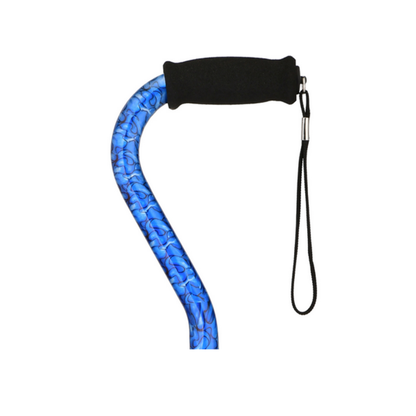 A close-up of the handle of the Nova 1077 Extra Tall HD Bariatric Walking Cane, featuring a blue patterned design, black foam grip, and wrist strap for tall users, shown on a white background.
