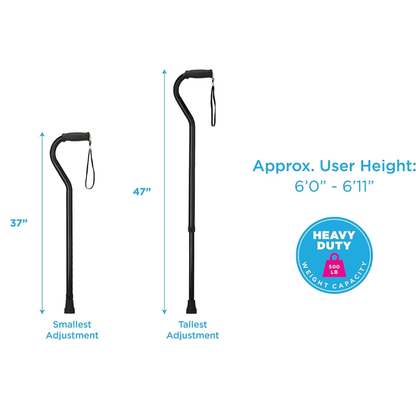The Nova 1077 Extra Tall HD Bariatric Walking Cane is shown in black, available in 37" and 47" lengths for users 5'0"–6'11", and supports up to 500 lbs as a sturdy mobility aid.
