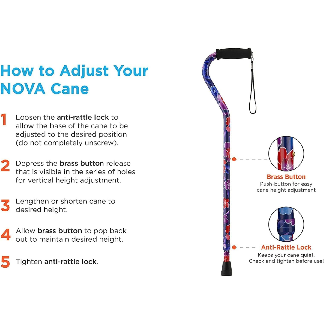 Instructional graphic of the Nova 1077 Extra Tall HD Bariatric Walking Cane with labeled parts: anti-rattle lock and brass button. Steps show how to adjust height by loosening/tightening the lock and pressing the button to set your preference.